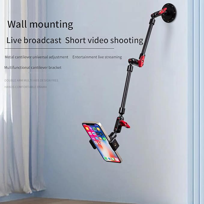 Adjustable Mobile Phone Holder for Desk, Wall Mount and Ceiling Mount Bracket for Phone and Other Smartphones (Metal Base+82cm arms+Phone Clip)