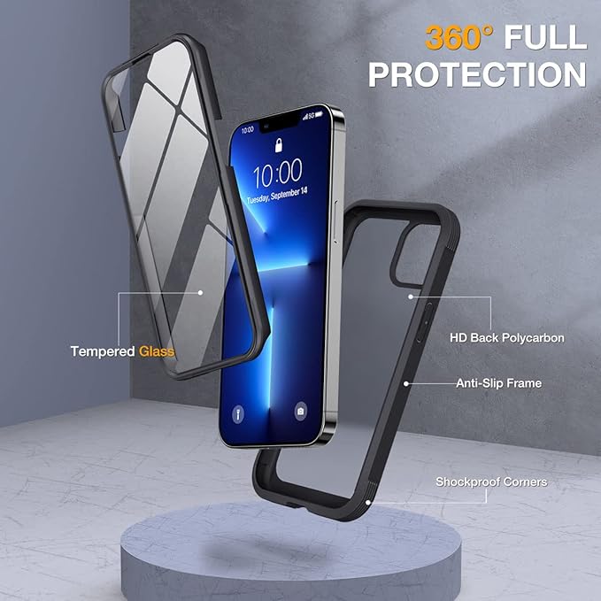 Miracase Glass Case for iPhone 13 Pro Max 6.7 inch, Upgrade Full-Body Clear Bumper Case with Built-in 9H Tempered Glass Screen Protector for iPhone 13 Pro Max, Matte Black