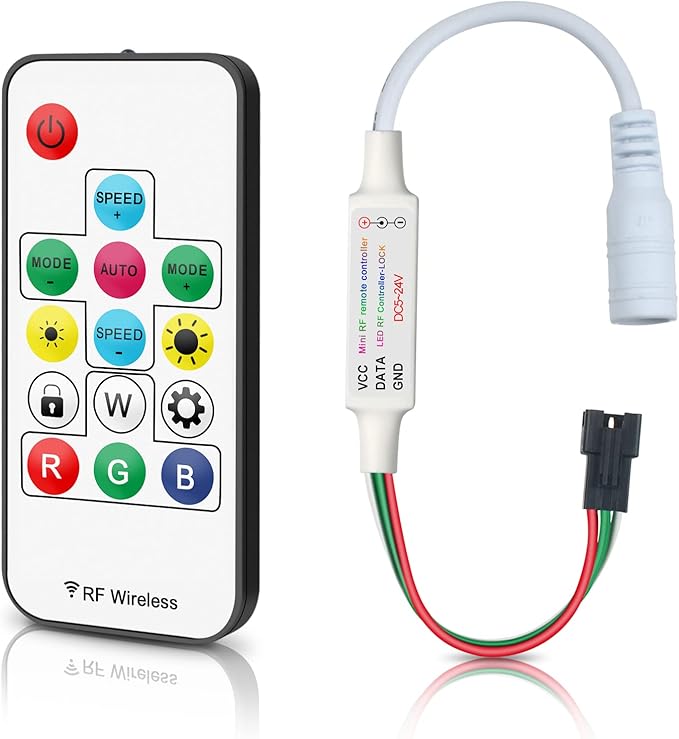 RGBZONE RF 3-PIN LED Controller, RF Wireless Remote Control, DC 5V/12V/24V Mini LED Controller for WS2812 WS2811LED Strip Light (14 Key)