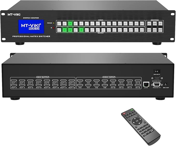 MT-VIKI Upgraded 4K HDMI Matrix Switch 16x16 Support Web GUI w/IR Remote, 4K@30Hz Rack Mount Switcher&Splitter, EDID, RS232, LAN Port, (Built-in US ADI Chip)