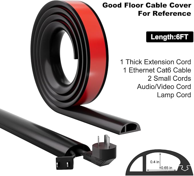 6FT Side-Open Extension Cord Covers for Wires on Floor,Silicone Power Cable Protector Cord Hider Management Strip,Hide Electric Wire on Carpet,Chord Runner Protective Safety Wiremold,Black