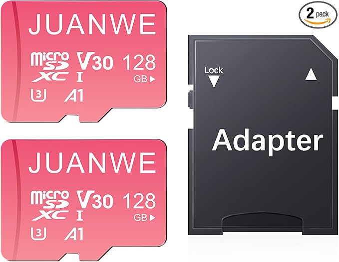 JUANWE 128GB Micro SD Card 2 Pack microSDXC Memory Card with SD Adapter C10 U3 A1 V30 Memory Card TF Card Pink, 128GB