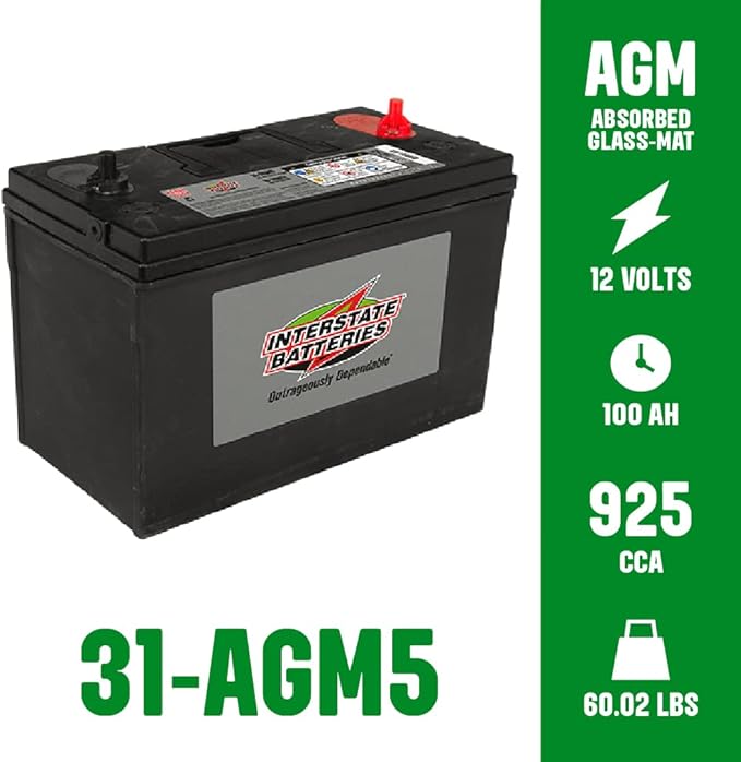 Interstate Batteries Marine Deep Cycle Battery 12V 100Ah 925CCA (31-AGM5) Pure Matrix Power Commercial Battery Pure Lead AGM Replacement (Group 31) Auxiliary Units APU, Starting Engines, Heavy Duty