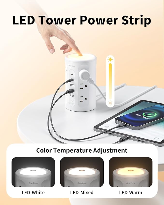 Power Strip Tower with Night Light, 15W Surge Protector Power Strip with USB Ports, 10 FT Extension Cord with Multiple Outlets (12AC+3A+2C) for Home Office Desk DormRoom (White)