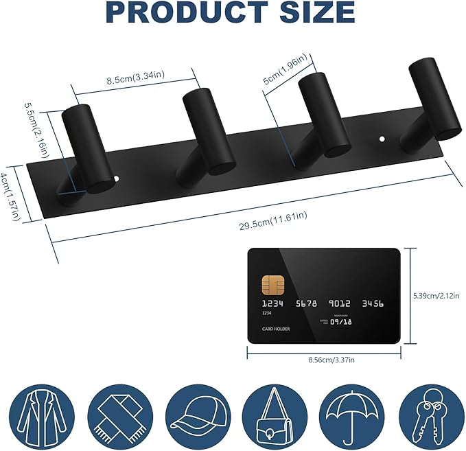VAEHOLD Hat and Coat Wall Mount Rack - 4 Hooks for Robes, Bags, Keys, and Towels - Bathroom Towel Hanger Organizer -Black
