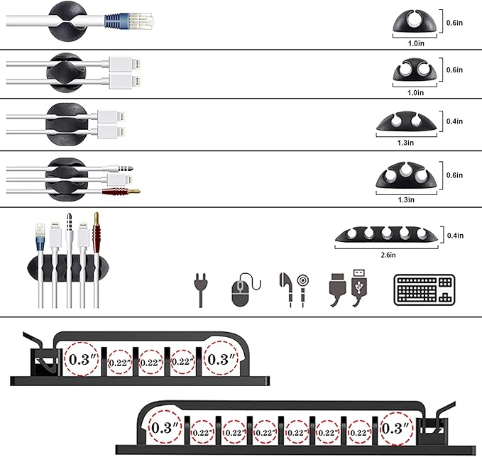 White Cable Management Organizer Kit 4 Cable Sleeve Split,47Cable Clips 12Cord Clips Holder,22 Cable Ties, 20 Adhesive Wall Cable Tie, 200Fasten Cable Ties for TV Electronics