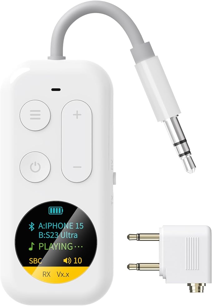 Bluetooth Wireless Audio Transmitter/Receiver, 20+ Hours Playtime,Supports 2 AirPods Headphones, Audio Adapter with Screen for Airplane, Marine, Travel, Speaker
