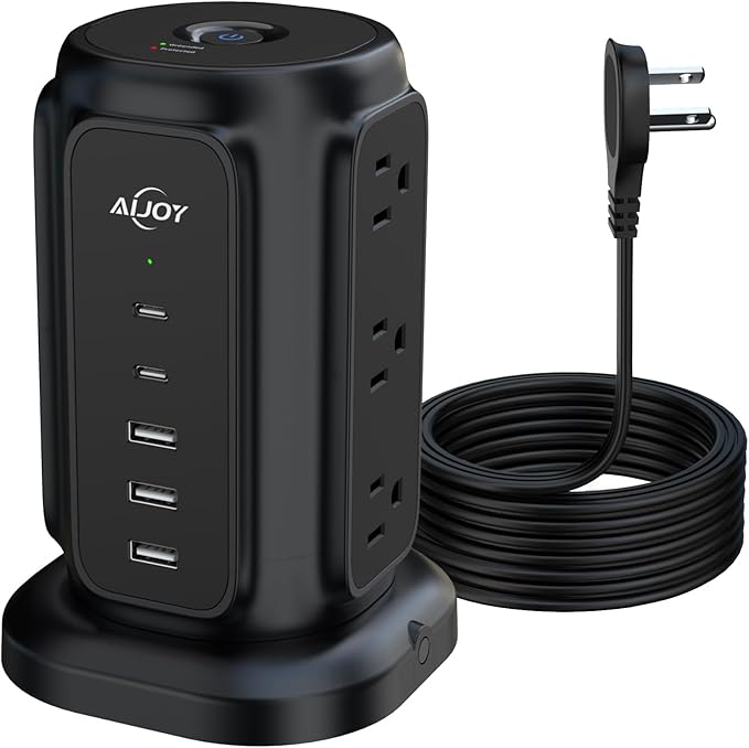 AiJoy Flat Plug Power Strip Tower with 9 Outlets and 5 USB Ports (2 USB-C), 1200J Surge Protection, 1625W Extension Cord with Multiple Outlets Charging Station for Home Dorm Office Supplies