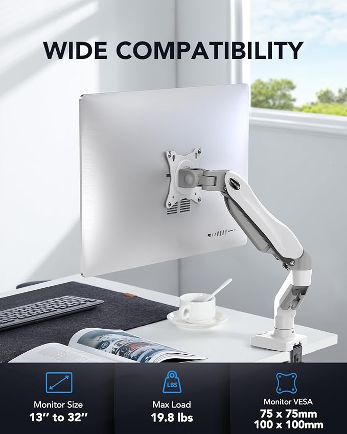 HUANUO Single Monitor Mount, 13 to 32 Inch Gas Spring Monitor Arm, Adjustable Stand, Vesa Mount with Clamp and Grommet Base - Fits 4.4 to 19.8lbs LCD Computer Monitors