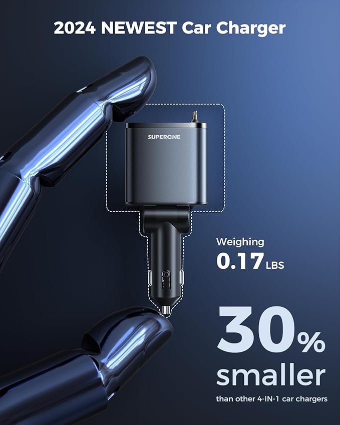 [2024 Upgraded] 4 in 1 Retractable Car Charger, SUPERONE Smaller Fast Car Phone Charger 69W with Cord, USB C and iPhone Car Charger Adapter, Compatible iPhone 15/15 Pro Max/14/13/12/11, Sumsung