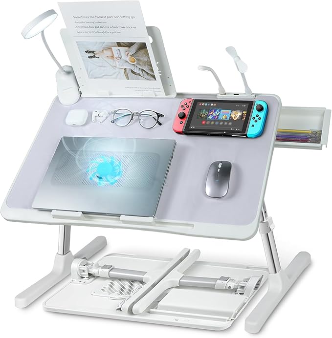 Laptop Lap Desk with Cooling Fan - Adjustable with Light, USB, Storage Drawer - Folding Bed Desk,23.62"*15.74",Grey