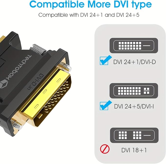 TECHTOBOX Active DVI to VGA Adapter, Uni-Directional DVI-D 24+1 to VGA Connectors, Gold-Plated,1080P Full HD Compatibility for HDTV, PC,Laptop, Monitor, Projector