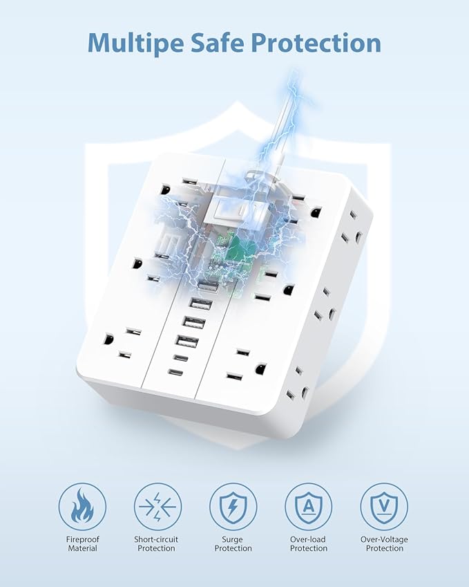 Power Strip Flat Plug with 12 Outlets 6 USB(2 USB C),SMNICE Surge Protector Charging Station with Overload Protection,5ft Extension Cord Widely Spaced Multiple Outlets for Home Office Dorm Essentials