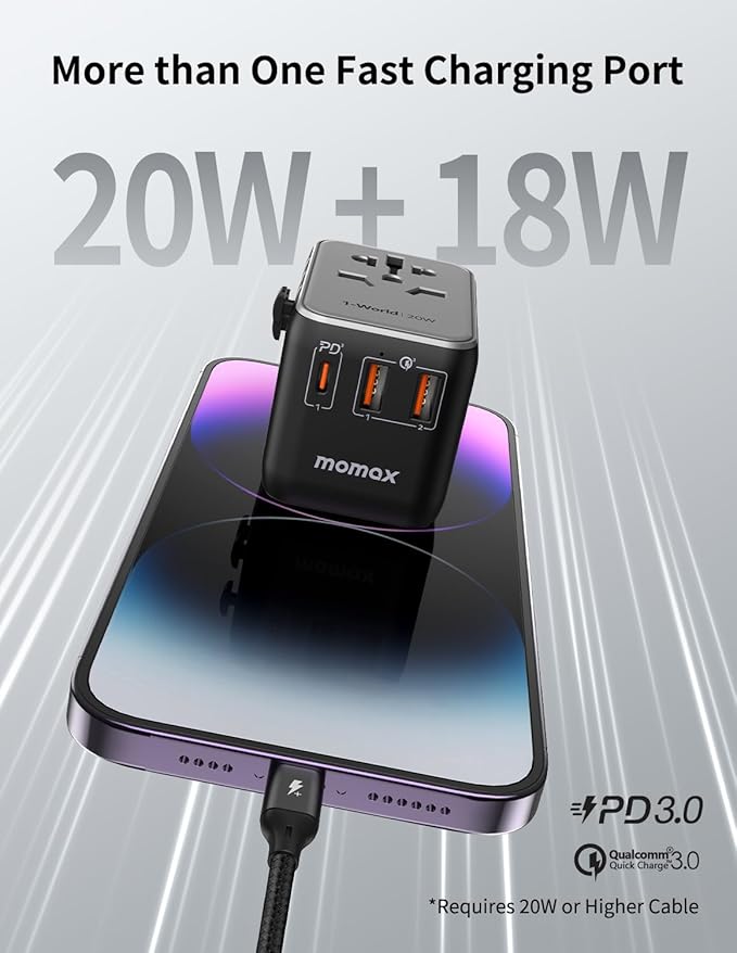 MOMAX Universal Travel Adapter, 20W+18W International Plug Adapter with 2 USB-A Quick Charging & 1 USB C PD Fast Charging,1 AC, All-in-one Wall Charger for USA EU UK AUS JP (Type C/A/G/I)