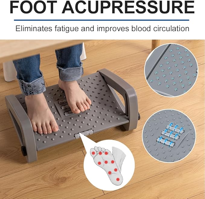 Foot Rest for Under Desk at Work - Six Heights Adjustable Under Desk Footrest - Ergonomic Foot Stools for Under Office Desks - Desks Foot Rest with Massage Rollers - Leg Rest for Chair (Gray)