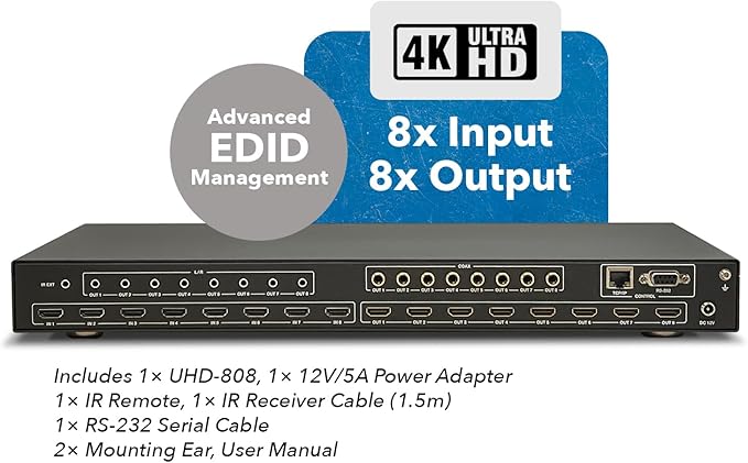OREI 8x8 HDMI 4K Matrix Switch/Splitter, (8-Input, 8-Output) with Remote Control Supports UltraHD 4K@60Hz 4:4:4, HDR, YUV, HDMI 2.0, HDCP 2.2, 3D, 1080p, 18 GBPS - ARC, EDID (4K & 1080p Together)