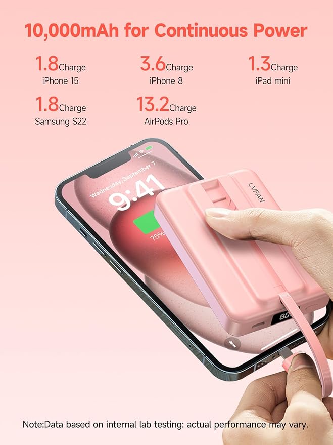 LVFAN for Magsafe Power Bank 10000mAh, Fast Charging Wireless Magnetic Portable Charger with Built-in USB C in&Out Cable, Travel LED Display Battery Pack for iPhone 17 16 15 14 13 12