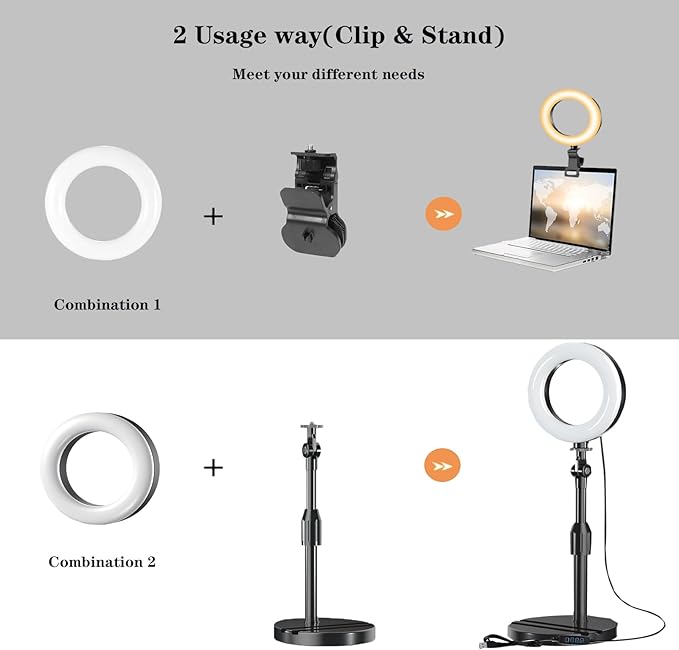 Desk Ring Light with Stand, Amcuke Ring Light with Clip 10W 3000K-6500K Dimmable Travel Desktop Light for Phone Selfie Laptop Zoom Video Makeup Vlog Tiktok Live Streaming