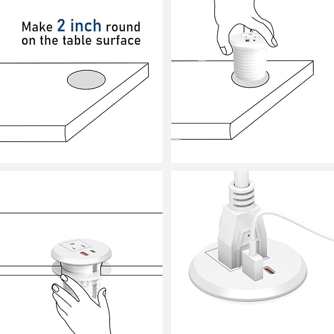 Desktop Power Grommet 2 Inch Hole, PD 30W USB C Fast Charging Station, Recessed Outlet, Ultra Thin Flat Plug Power Strip, Slim Extender, Table Outlets for Home, Office, 6ft Cord, White