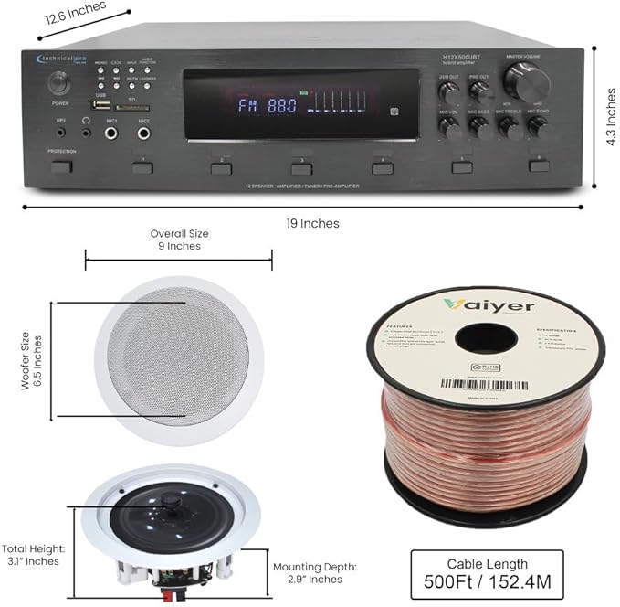 Vaiyer Home Audio System Kit, 6-Channel 6000 Watts Bluetooth Amplifier with 6.5" 12 Qty of 200 W Each in-Wall in-Ceiling Speakers & 16 AWG 500 ft. Speaker Wire - Perfect for Home, Office, Restaurants