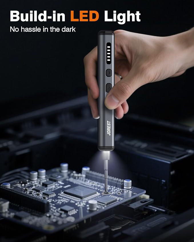JOREST Mini Electric Screwdriver, Precision Set with 38-in-1 Magnetic Bits, 5 Torque Settings, LED Light, Repair Tool Kit for iPhones, Laptop, Drone, Game Console, Camera, Glasses, Watches, Toys
