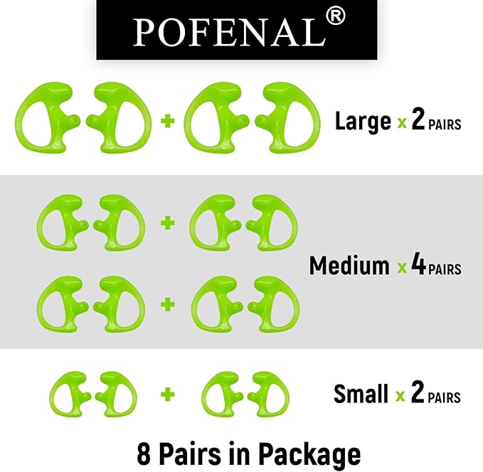 Silicone Replacement Earmold for Motorola/Baofeng/Retavis Radios - Police Walkie Talkie & Law Enforcement Soft Earpiece Inserts (8 Pair, Green - 2L/4M/2S)