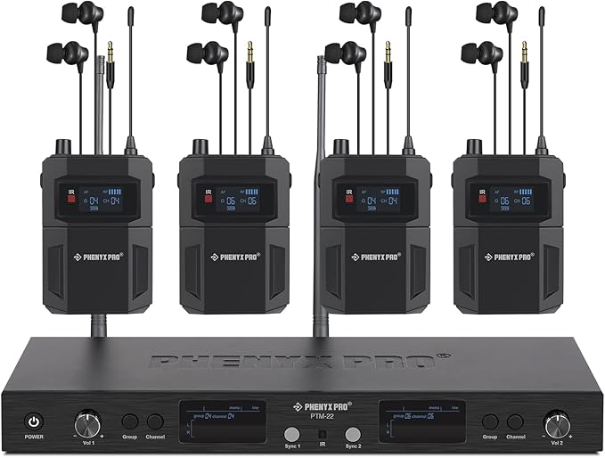 Phenyx Pro in Ear Monitor for Musicians, UHF Wireless in-Ear Monitors System, Mono 2-Channel IEM, Metal Stage Monitor w/ 2x50 Frequencies, 164ft Long Coverage, Rack Mount Kit (PTM-22, 4 Bodypacks)