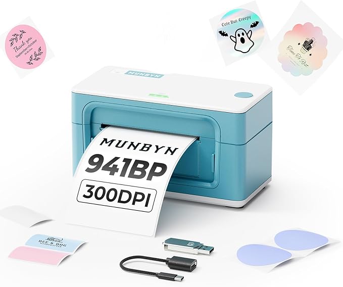 MUNBYN Bluetooth Thermal Label Printer 941B, Wireless 300DPI 4x6 Shipping Label Printer for Small Business, Compatible with Windows, Mac, iPhone, Android, PC, Ebay, Amazon, Shopify, Etsy, USPS (Green)