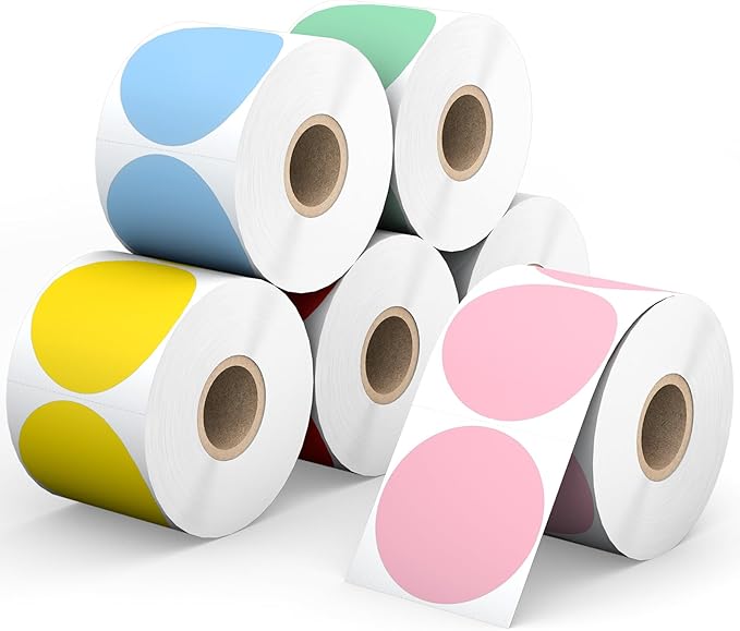 6 Rolls 2" Color Circle Direct Thermal Stickers Labels, Self-Adhesive Round Thermal Labels Printer Stickers for Business, DIY, Code, Name Tag, Envelope Seal