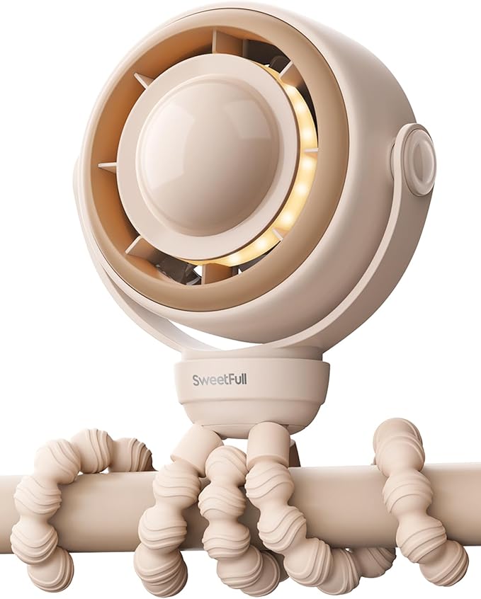 SWEETFULL Baby Stroller Fan - 4000mAh Rechargeable 4-Speed Quiet with LED Display & Night Light, Mini Portable 360° Clip On Safe Fan for Car Seat, Crib, Travel - Brown