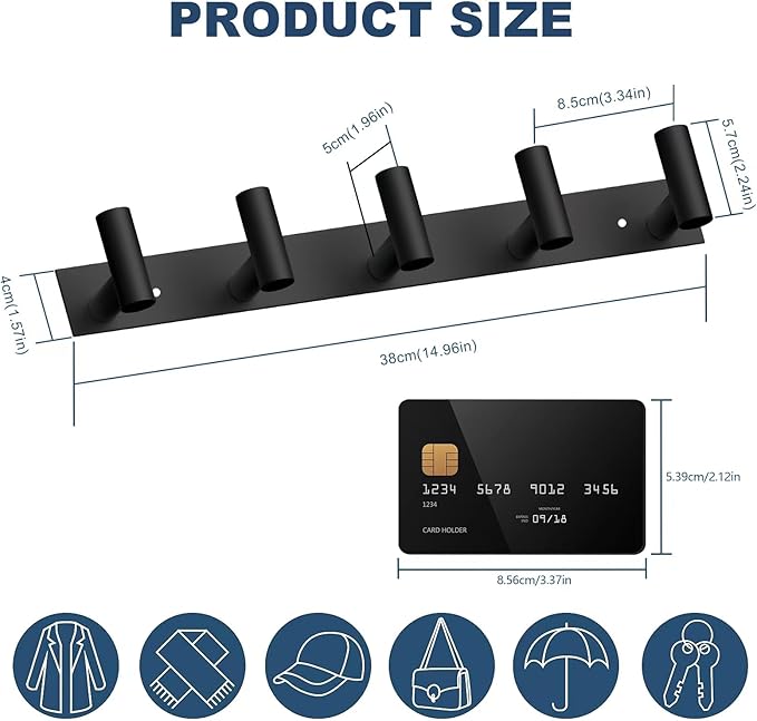 VAEHOLD Black Hat and Coat Wall Mount Rack 5 Hooks for Robes, Bags, Keys, and Towels Bathroom Towel Hanger Organizer (2 Pack)