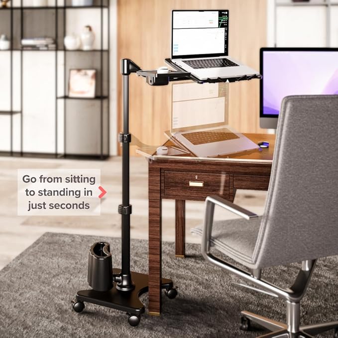 LEVO G2 Deluxe Adjustable Laptop Stand – Rolling Computer Desk & Ergonomic Table for Bed, Sofa, or Office – Portable Mobile Workstation with Tilt – Fits Devices up to 16″ - Charcoal & Black
