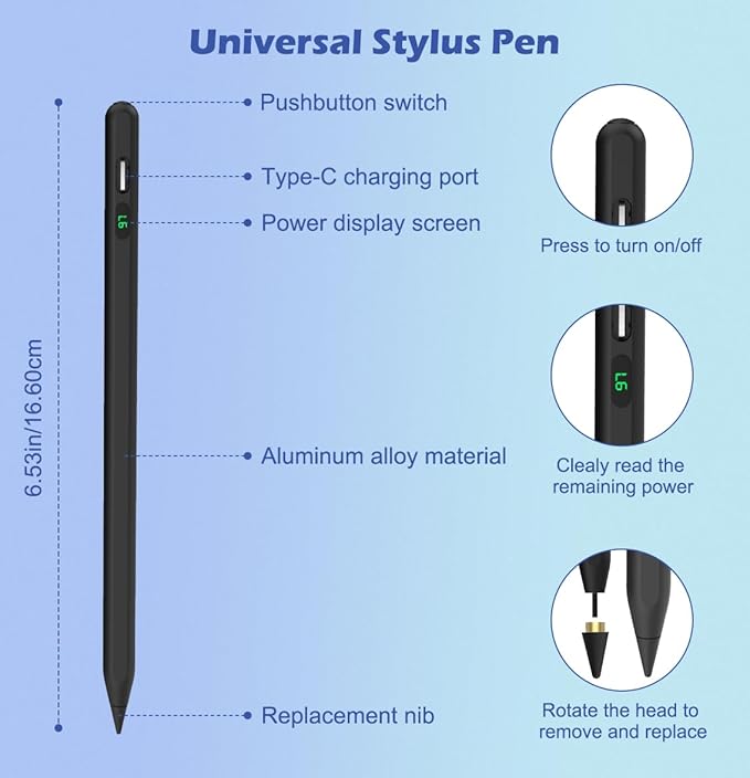 Moko Stylus Pens for Touch Screens, Fast Charge Stylus Pen for Apple iPad/iPhone/Samsung/Lenovo/iOS/Android Tablets&Smart Phone Universal Stylus Capacitive Screen Pencil with Power Display, Black