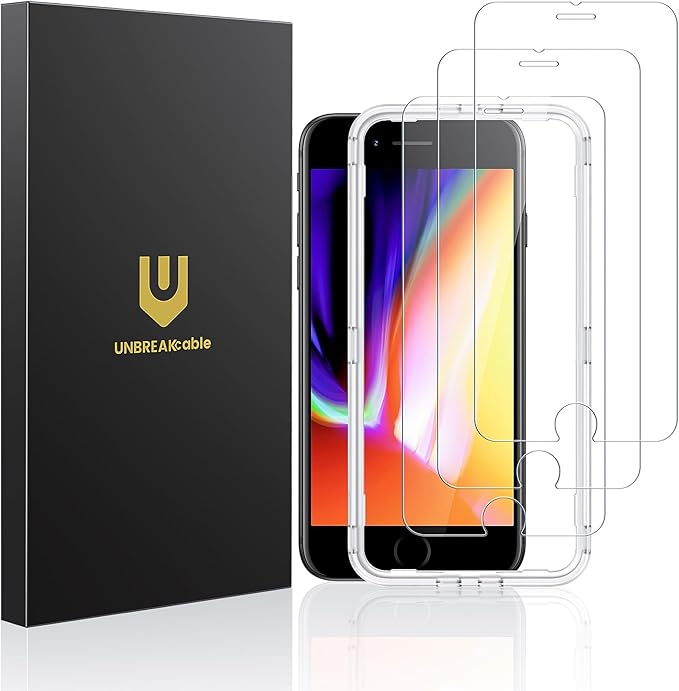 UNBREAKcable Shatterproof Tempered Glass Screen Protector for iPhone SE 2022/SE 2020, iPhone 8/7 [3-Pack] [99.99% HD Clear] [Easy Installation Frame] [9H Hardness][Bubble Free] for Apple 4.7''
