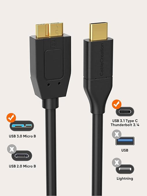 CableCreation 1FT USB C to Micro B Cable,10Gbps Speed External Hard Drive Braided,USB 3.1 Type C to Micro B Work for iPhone 15,16,Seagate WD Westgate My Passport,MacBook Pro/Air, iPad/Tablet,Black