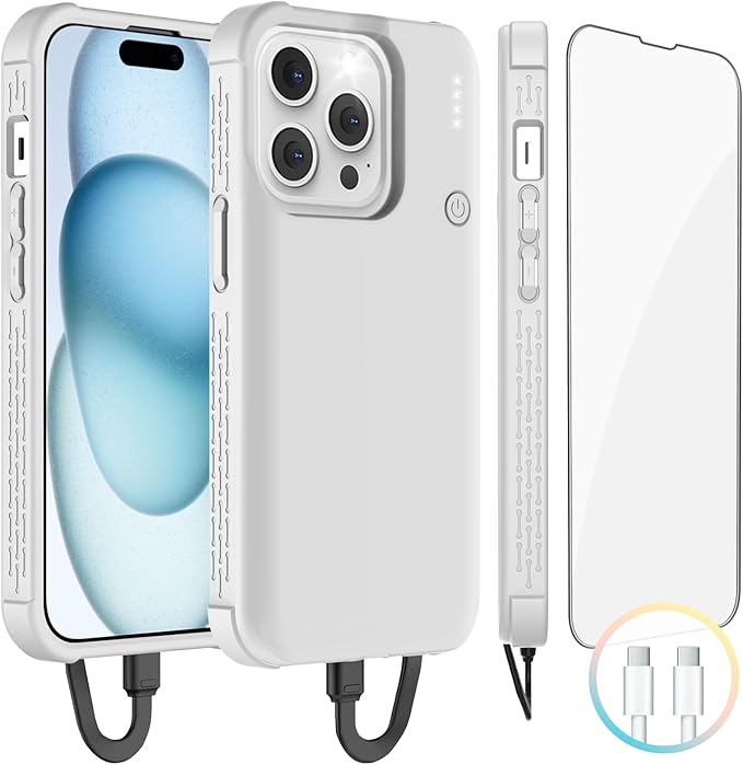 GIN FOXI Fast Charging Battery Case for iPhone 15 Pro Max/15 Plus, 8000mAh 15W Ultra Slim Charger Case Rechargeable Portable Extended Power Bank Case Cover Battery Pack Built-in Cable, Grey(6.7”)