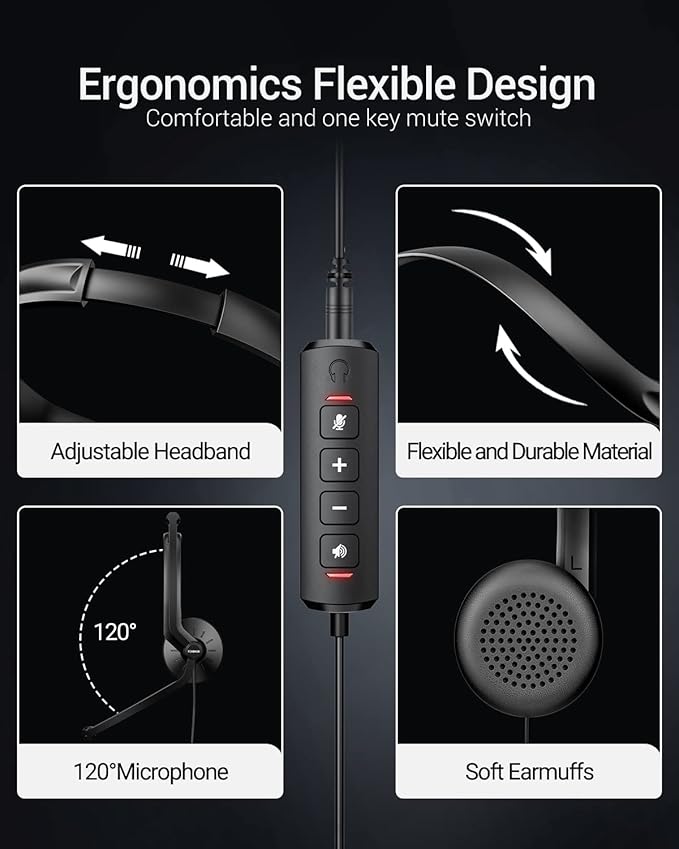 USB Headset with Microphone for PC Laptop - Wired Computer Headphones with Noise Cancelling Microphone for Home Office Online Class Skype Zoom Meetings,in Line Mute Controls