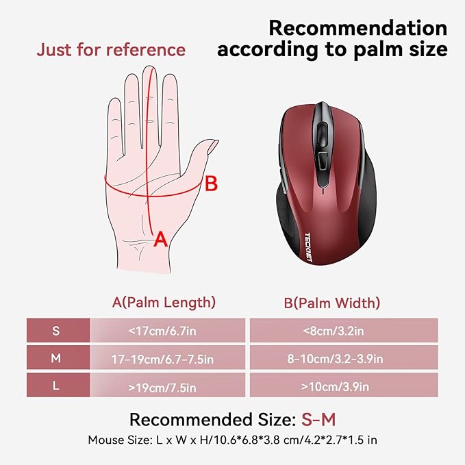 TECKNET Wireless Mouse (BT5.0/3.0 & 2.4G) Rechargeable 4800 DPI Silent USB A & Bluetooth Mouse 6 Buttons, Wide Compatibility - Red