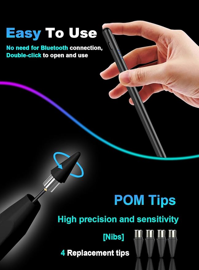 Stylus Pen for Android Tablet/Phone Pom Tips Fast Charge Stylus Pen for iPhone Magnetic Active Pencil Compatible with Samsung A9+, iPhone, Lenovo and Other Android Smartphone and Tablet Devices-Black