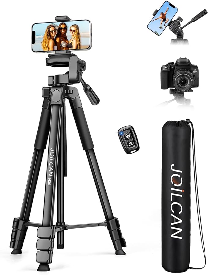 JOILCAN Phone Tripod Stand - 67" Aluminum Extendable Tripod with Remote, Portable Tripods for iPhone Photos Selfie & Video, Compatible with iPhone DSLR Camera Projector