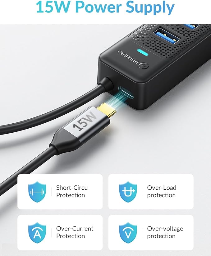 PHIXERO 7 Port USB Hub 3.2 with 1.6FT/50CM Long Cable, Multiport Adapter and Splitter for PC, Compatible with All USB 3.2/2.0/1.1 Devices