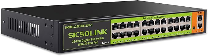 24 Port Full Gigabit PoE+ Switch, 2 Gigabit Network Uplink, 400W, Unmanaged, Fanless Silent Operation, 802.3af/at, 19''Rackmount, Qos, Suitable for POE Camera, AP, PC