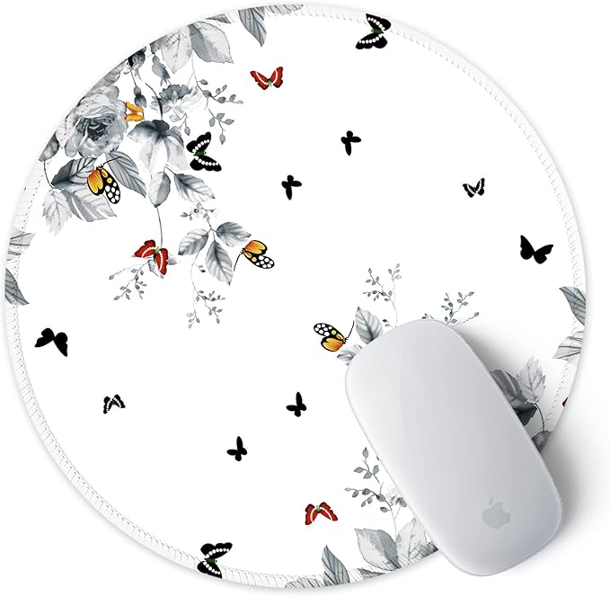 ITNRSIIET Round Mouse Pad with Stitched Edge Premium-Textured Waterproof Non-Slip Rubber Base Desktop Protection Mat Diameter 8.7 inches, Flowers and Butterflies