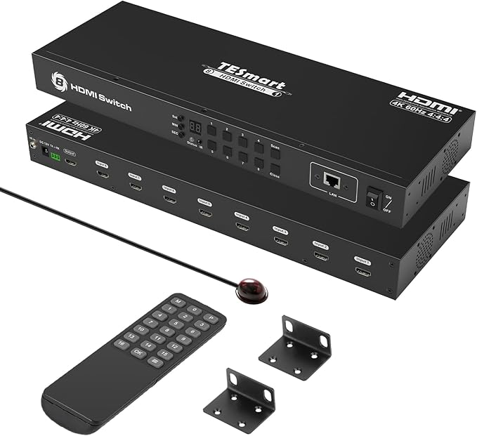 TESmart 8×1 HDMI Switch 8 in 1 Out 4K @ 60Hz HDCP with 19-inch Rack-Ears | RS-232 / LAN Control | IR Remote Control and Auto Switch | Auto Scan Time Interval - Black