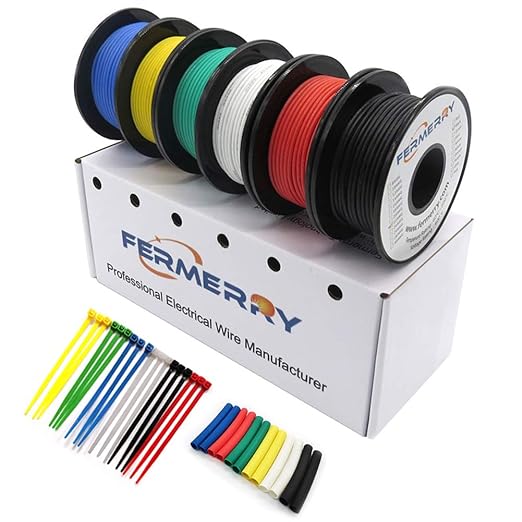 Fermerry 12 AWG Stranded Wire Spool 10ft Each 6 Colors Flexible 12 Gauge Silicone Hook up Wire Kit Electrical Tinned Copper Wire