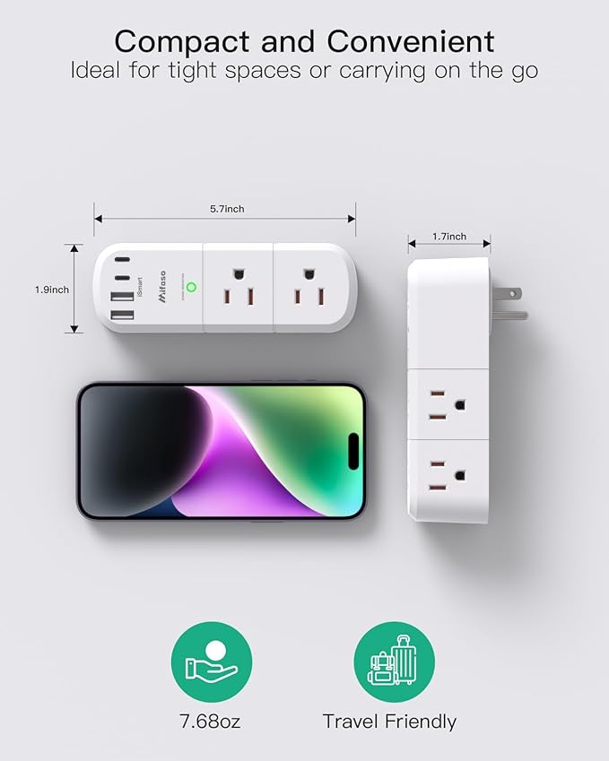 Surge Protector Outlet Extender with Rotating Plug, 6 AC Multi Plug Wall Outlets and 4 USB Ports, 1800 Joules, Swivel Power Strip Electrical Splitter for Home Decor Apartment Dorm Room Essentials