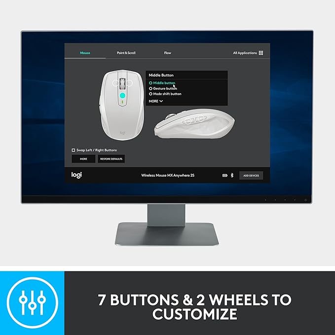 Logitech MX Anywhere 2S Bluetooth Edition Compact Wireless Mouse, No USB Receiver - Use On Any Surface, Hyper-Fast Scrolling, Rechargeable, Control Up to 3 Apple Mac and Windows Computers and Laptops