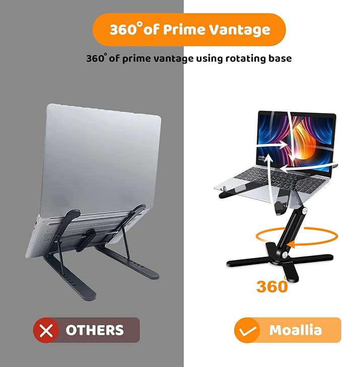 Laptop Stand with 360 Rotating Base, Computer Notebook Laptop Riser Metal Holder for Desk Collaborative Work, Fully Foldable for Easy Storage, Fits All MacBook, Laptops up to 16 inches, Black