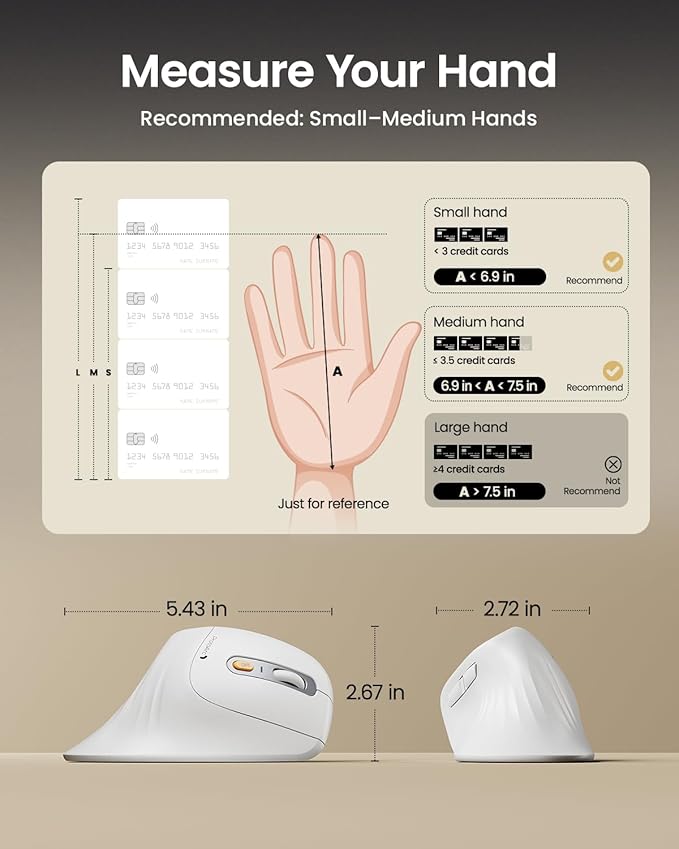 ProtoArc Ergonomic Vertical Mouse, EM11 NL Rechargeable Wireless Mouse Bluetooth, Ergo Mice with 3 Multi-Device for PC/Notebook/Laptop, 2.4GHz Optical Mice for Windows, Mac OS, White