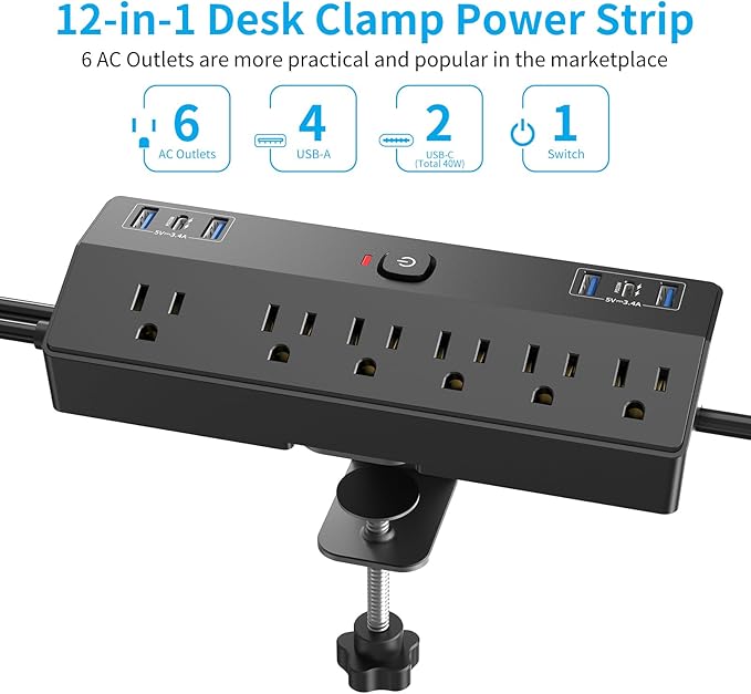 Desk Clamp Power Strip with 40W Fast Charging Station, JXGUCAT Removable Desk Clamp Mount Power Strip Surge Protector, 2 USB-C Ports, 6 AC Outlets and 10ft Cord, Fits 1.8" Tabletop Edge
